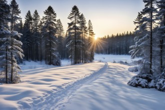 Peaceful snowy forest clearing at dawn with snow softly blanketing the ground and frost-covered