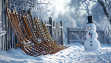 Rustic wooden sleds with frost covered branches and a snowman in the background, AI generated