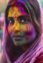 Indian woman colored face portrait during Holi Hindu festival, AI generated