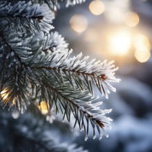 Frost-covered pine branches with delicate snowflakes in soft light, AI generated