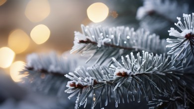 Frost-covered pine branches with delicate snowflakes in soft light, AI generated