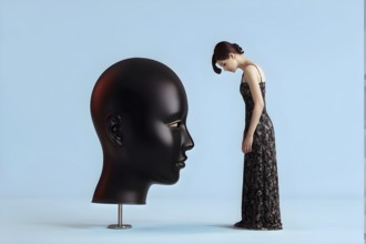 Thoughtful woman besides oversized female mask, AI generated