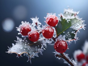 Frosty holly branch with vibrant red berries covered in delicate ice crystals, symbol for upcoming