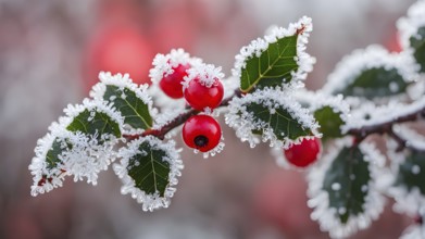 Frosty holly branch with vibrant red berries covered in delicate ice crystals, symbol for upcoming