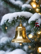 Vintage Christmas bell ornament hanging on a snow-dusted evergreen branch, capturing the intricate