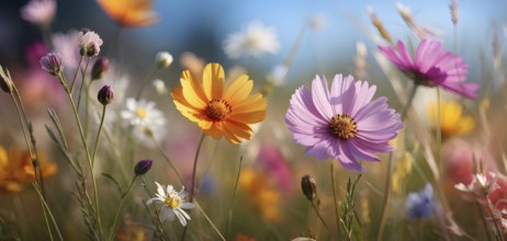 Wildflowers in a meadow, with a soft breeze slightly moving the petals, creating a serene and