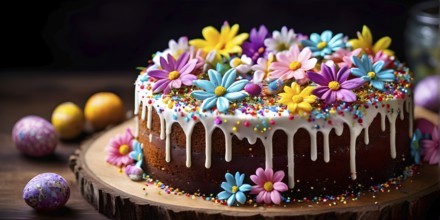 Decorated Easter cake with intricate icing flowers and colorful sprinkles, placed on a rustic