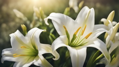 Blooming Easter lilies with soft white petals and a yellow center, bathed in gentle sunlight, AI