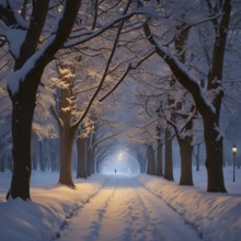 Snow covered tree avenue in warm golden evening light, AI generated