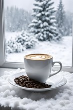 Coffee cup on a plate by a snow covered window creating a cozy winter feeling, AI generated