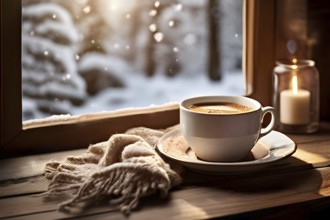 Coffee cup on a plate by a snow covered window creating a cozy winter feeling, AI generated