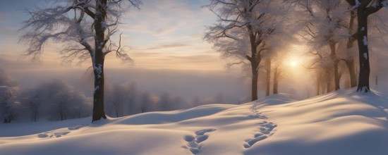 Footprints in fresh snow on a hill with a row of trees in winter in golden sunrise light, AI