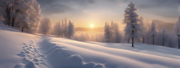 Footprints in fresh snow on a hill with a row of trees in winter in golden sunrise light, AI