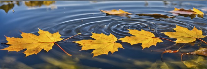 Autumn leaves in hues of orange and red floating on water, AI generated