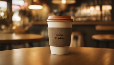 Coffee cup on a wooden table in a warmly lit cafe in blurred background, AI generated