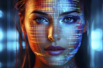 3d digital facial recognition displaying a female face with overlaid ai biometric data, AI