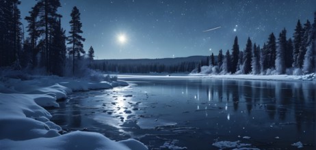 Tranquil winter night scene with a crescent moon and stars shining brightly over a frozen lake,