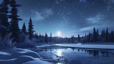 Tranquil winter night scene with a crescent moon and stars shining brightly over a frozen lake,