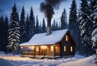 Peaceful winter cabin in the woods, with smoke rising from the chimney, AI generated