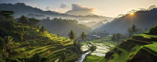 Early morning light bathes Philippines rice terraces cascading down mountain slopes, AI generated