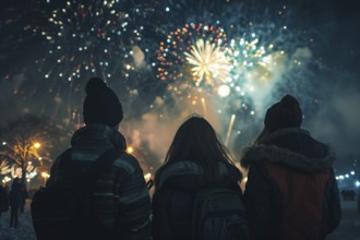 Back view of young people in winter clothes celebrating new year with fireworks. Generative Ai, AI