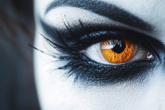 Close up of woman's dark Halloween eye makeup with orange contact lenses. Generative Ai, AI