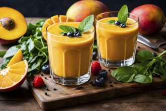 Smoothie surrounded by an assortment of fruits and vegetables, AI generated