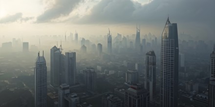 Aerial view of a mega city with smog and pollution, AI generated