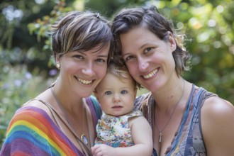 Amily portrait of happy female homosexual couple with young child. Generative Ai, AI generated