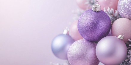 Christmas banner with pink and purple bauble ornaments with copy space. Generative AI, AI generated