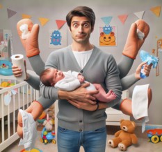 A young father has a baby in his arms and despairs at the tasks, symbolic image fatherhood,