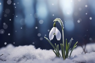 White Snowdrop flower in snow in eraly spring. KI generiert, generiert AI generated