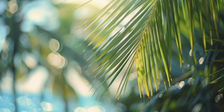 Tropical palm tree leaf with blurry ocean in background. KI generiert, generiert KI generiert,