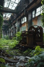 Abandoned factory vines embracing rusted skeletons of machinery whisper of bygone industrial era,