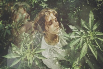 Teenager in an intoxicated state in a hemp field, surrounded by hemp leaves, cannabis, symbolic