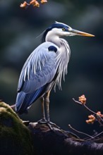 Grey heron perched on a weathered branch, AI generated