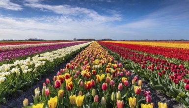 Agriculture, dense, intensely colourful flowering tulip field in Holland, AI generated, AI