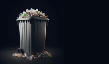 Dustbin full of waste and garbage isolated in black background, AI generated