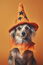 Dog with orange Halloween witch hat costume. KI generiert, generiert AI generated