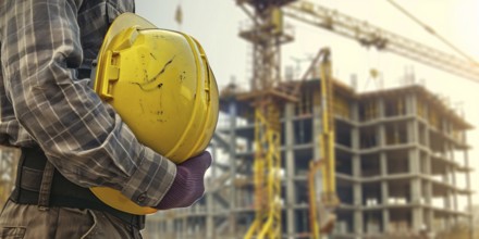 Banner with construction worker holding yellow safety helmet with construction site with building