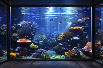 Large vibrant aquarium centerpiece in a cozy living room, AI generated