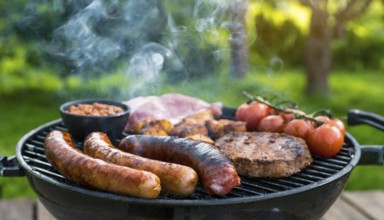 Food, barbecue, barbecue in the garden, meat and sausages on the barbecue, AI generated, AI