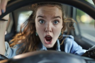 A young woman sits in her car and looks at the speedometer in surprise and shock, symbolic image,