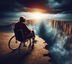 An old man sits in a wheelchair on a precipice, symbolic image of illness, psychology, AI