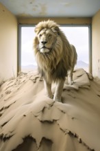 Male Lion in an abandoned house in a desert ghost town, Africa, AI generated