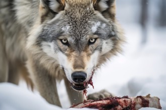 Wold eating raw meat of prey. KI generiert, generiert AI generated