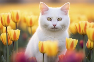 White cat sitting between yellow and orange tulip spring flowers. KI generiert, generiert AI