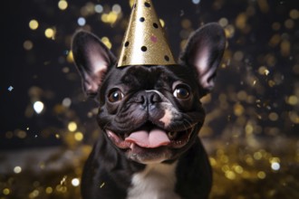 Black French Bulldog with golden party hat and confetti. KI generiert, generiert AI generated