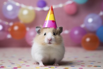 Cute pet hamster with birthday party hat with balloons and paper streamers in blurry background. KI