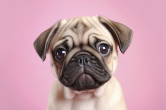 Cute pug in front of pink studio background. KI generiert, generiert AI generated